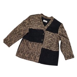 Vintage Black Fuzzy Brown Animal Print Retro Cardigan Shoulder Pads 80's 90's XL